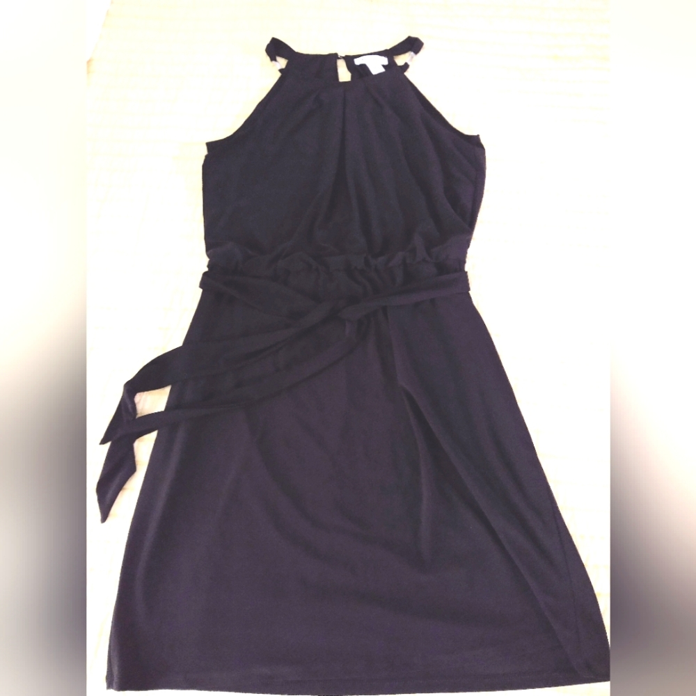 WHBM Black Halter Dress with tie belt and shoulder accent in silver - Medium